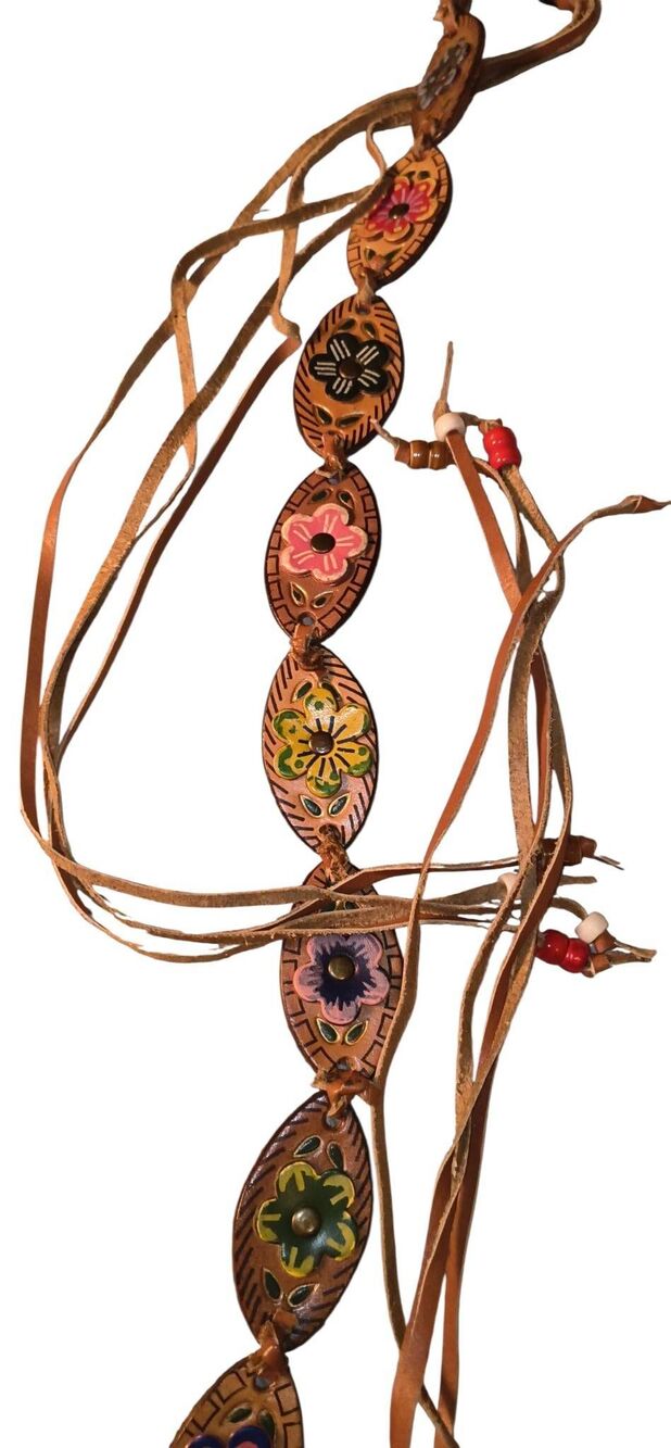 Leather link belt featuring hand-tooled, brightly painted floral medallions Boho